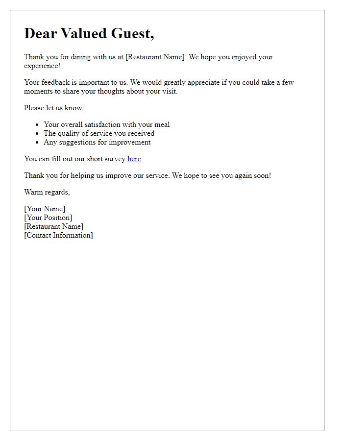 Letter template of a restaurant guest satisfaction request.