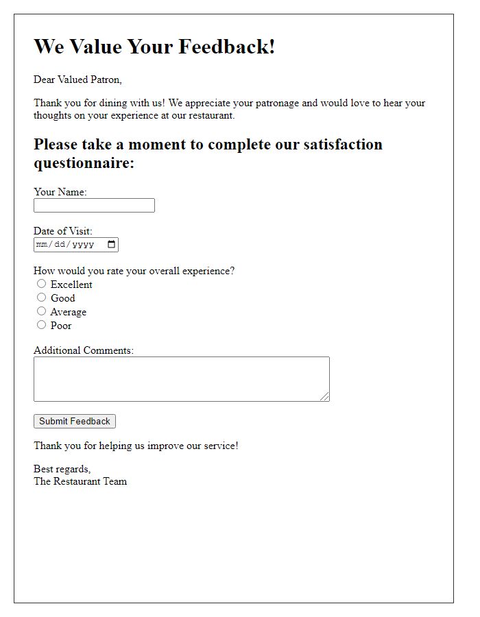 Letter template of a satisfaction questionnaire for restaurant patrons.