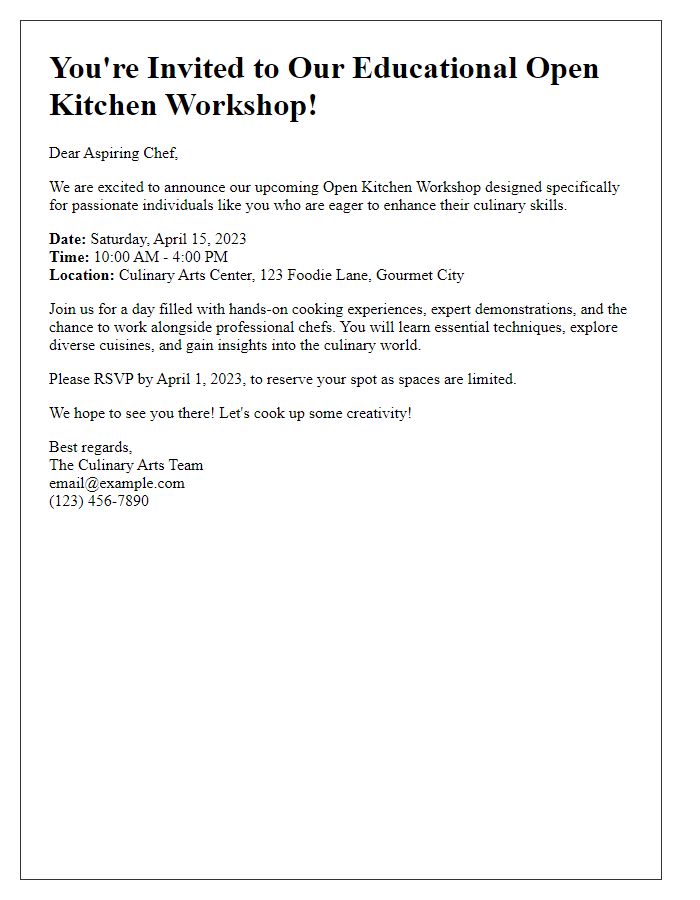 Letter template of educational open kitchen workshop invitation for aspiring chefs.