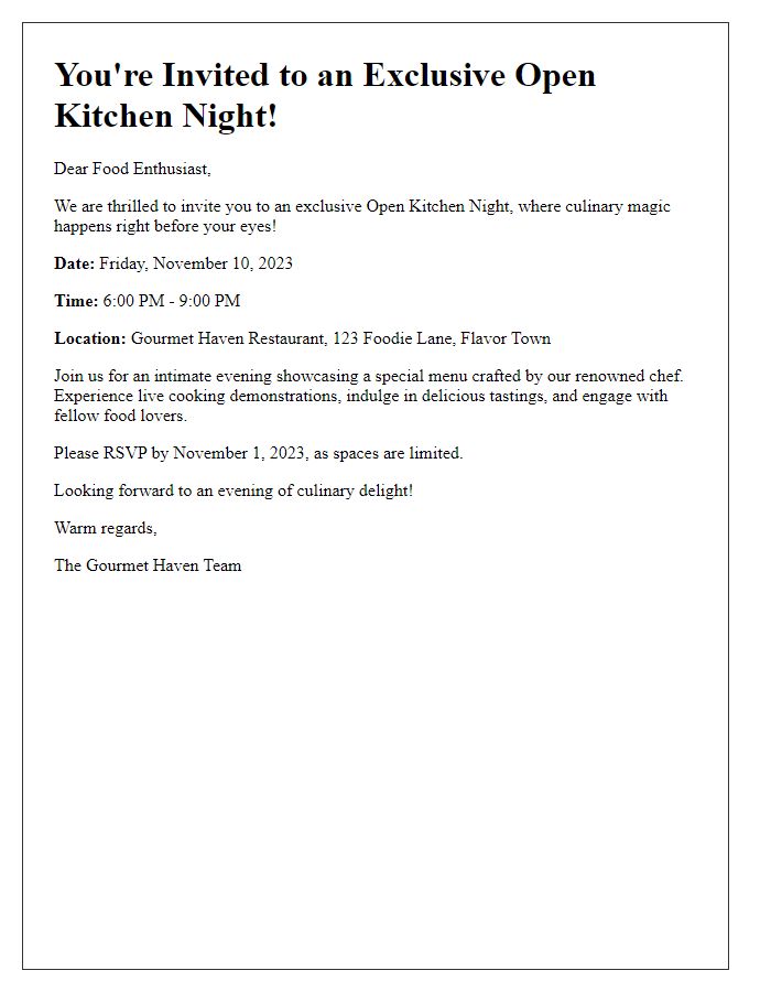 Letter template of exclusive open kitchen night invitation for food enthusiasts.