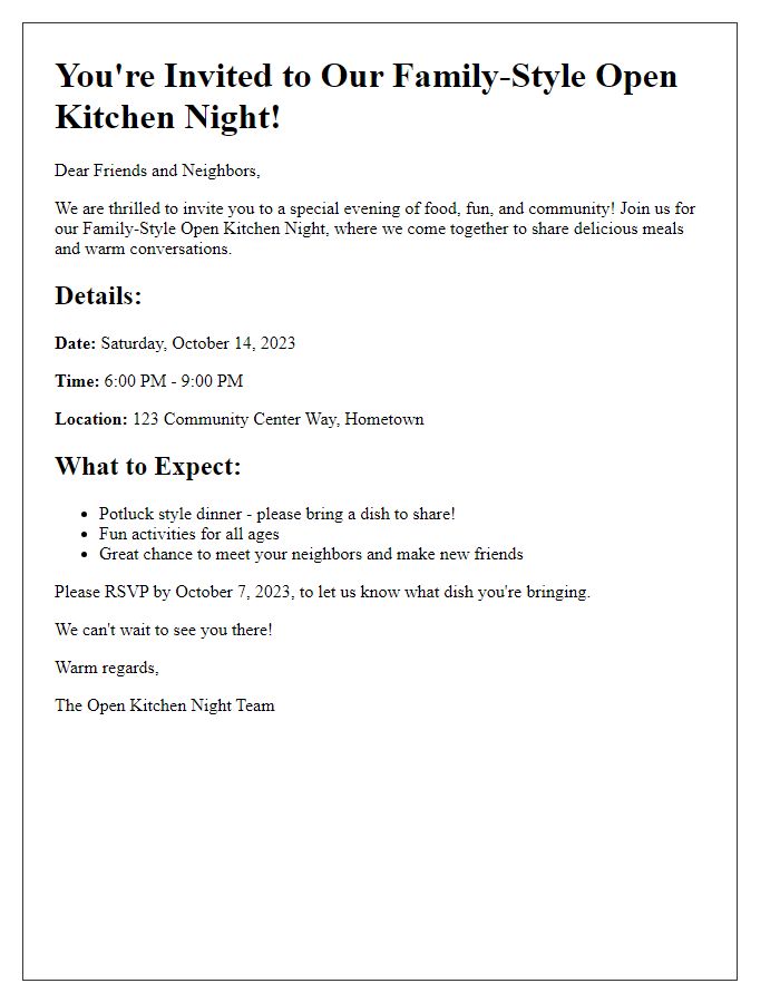 Letter template of family-style open kitchen night invitation for community gatherings.