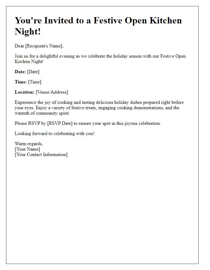 Letter template of festive open kitchen night invitation for holiday celebrations.