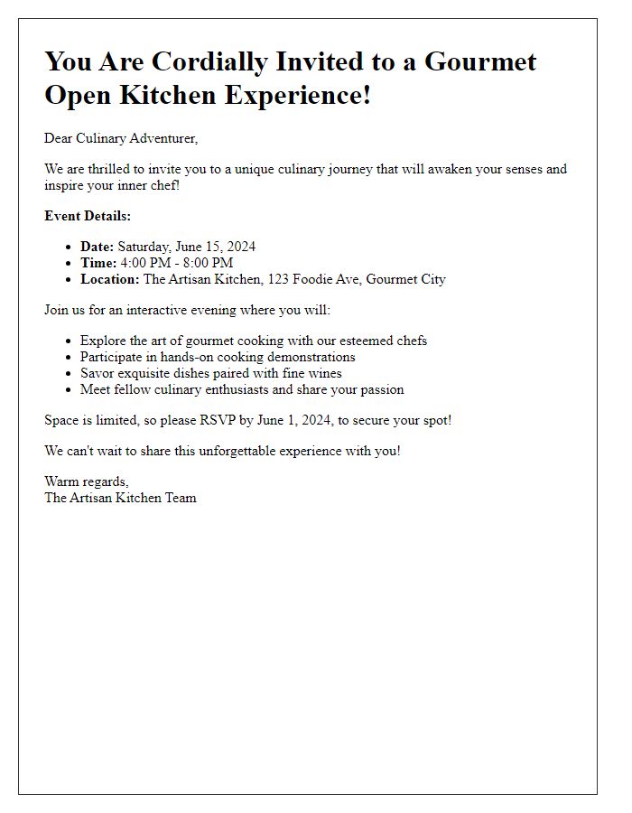 Letter template of gourmet open kitchen experience invitation for culinary adventurers.