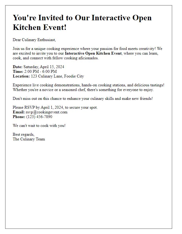 Letter template of interactive open kitchen event invitation for cooking aficionados.