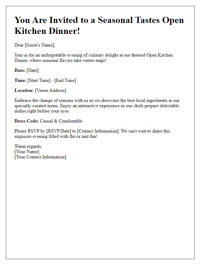 Letter template of themed open kitchen dinner invitation for seasonal tastes.