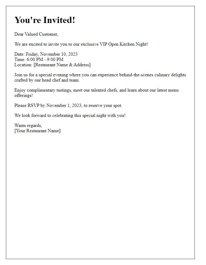 Letter template of VIP open kitchen night invitation for loyal customers.