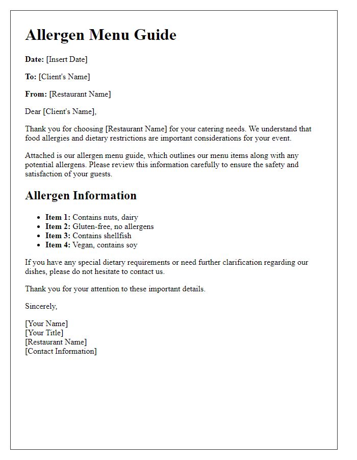 Letter template of restaurant allergen menu guide for catering services