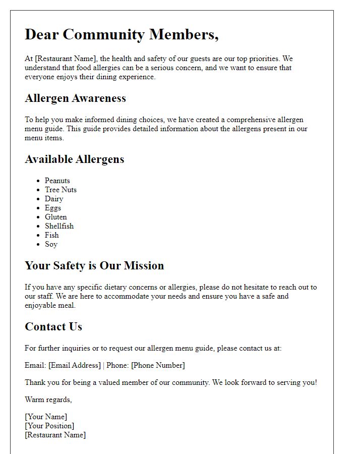 Letter template of restaurant allergen menu guide for community outreach