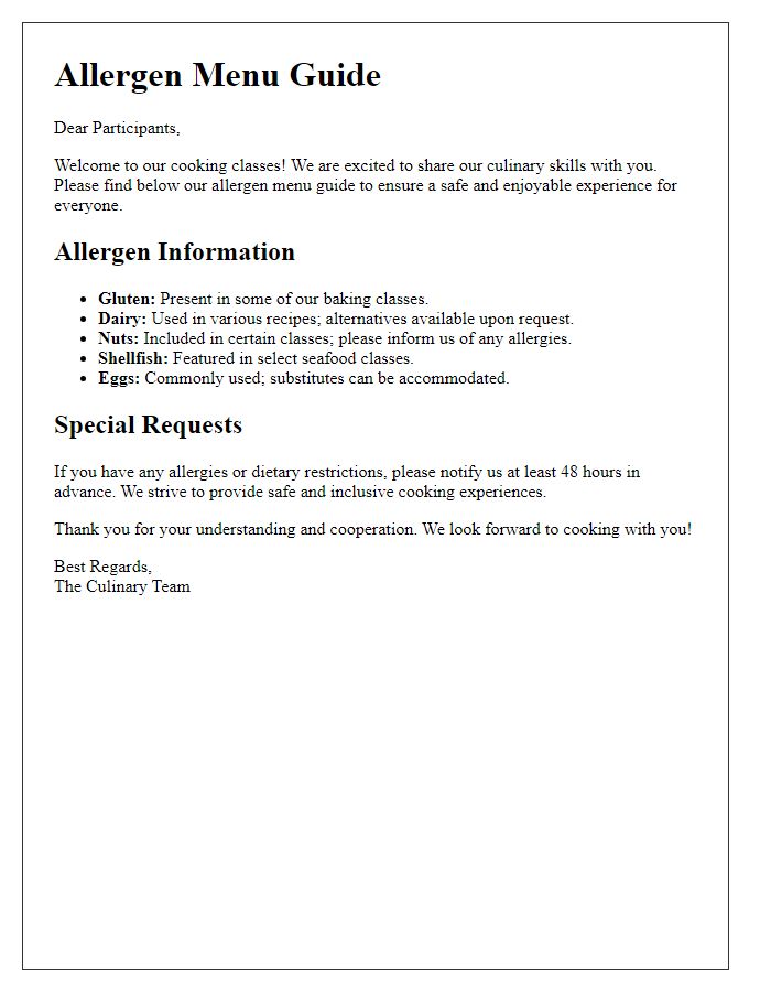 Letter template of restaurant allergen menu guide for cooking classes