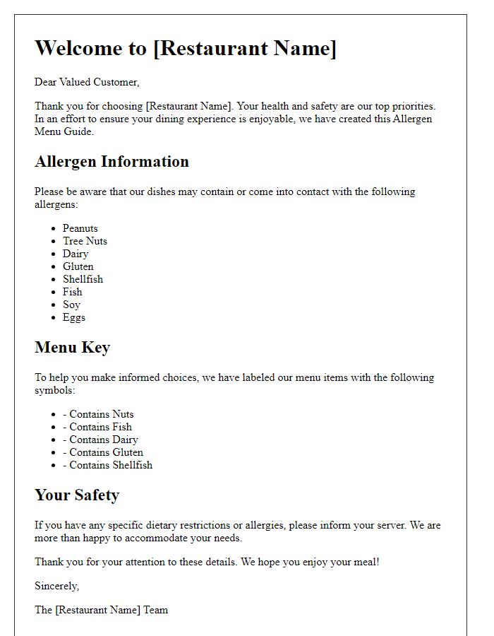 Letter template of restaurant allergen menu guide for customer awareness