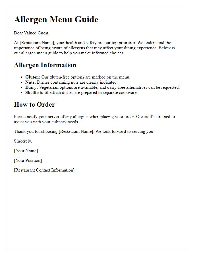 Letter template of restaurant allergen menu guide for health compliance