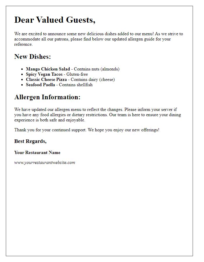 Letter template of restaurant allergen menu guide for new dish updates