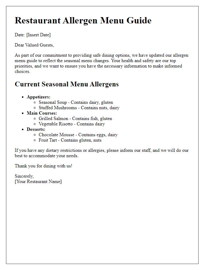 Letter template of restaurant allergen menu guide for seasonal menu changes