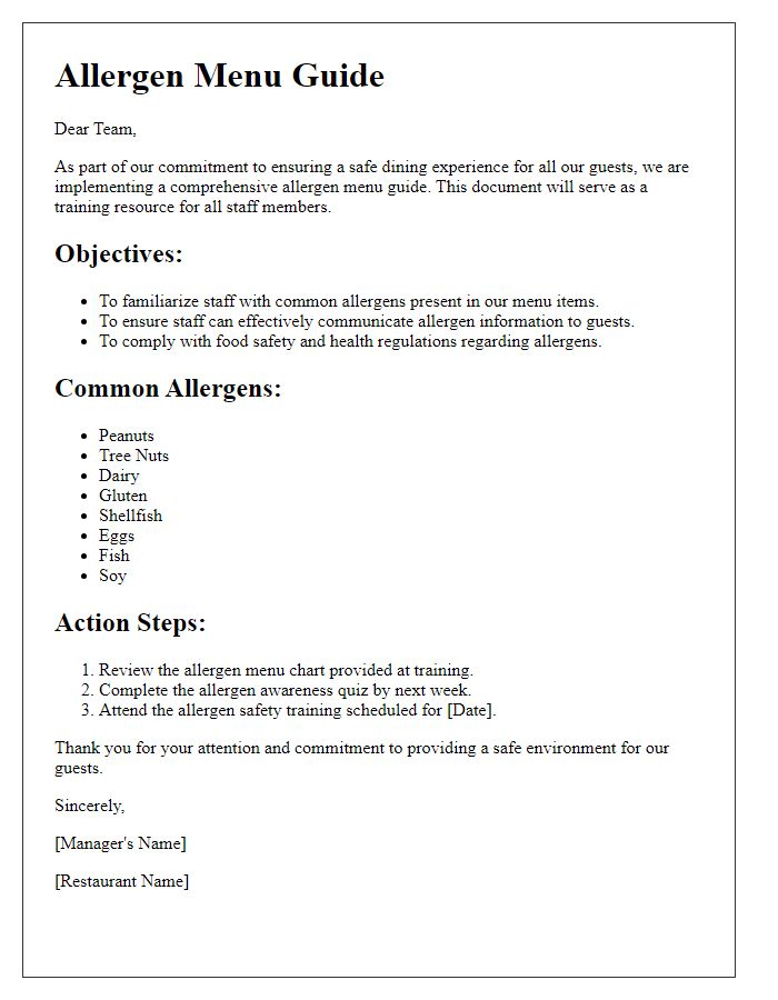 Letter template of restaurant allergen menu guide for staff training