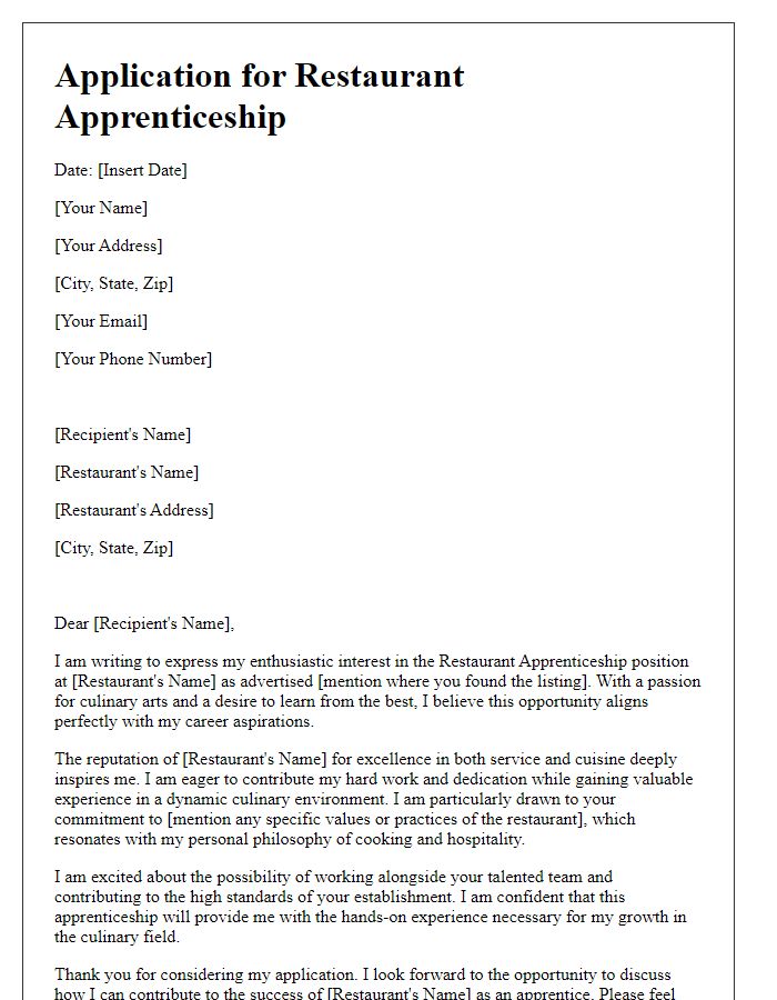 Letter template of expression of enthusiasm for restaurant apprenticeship role