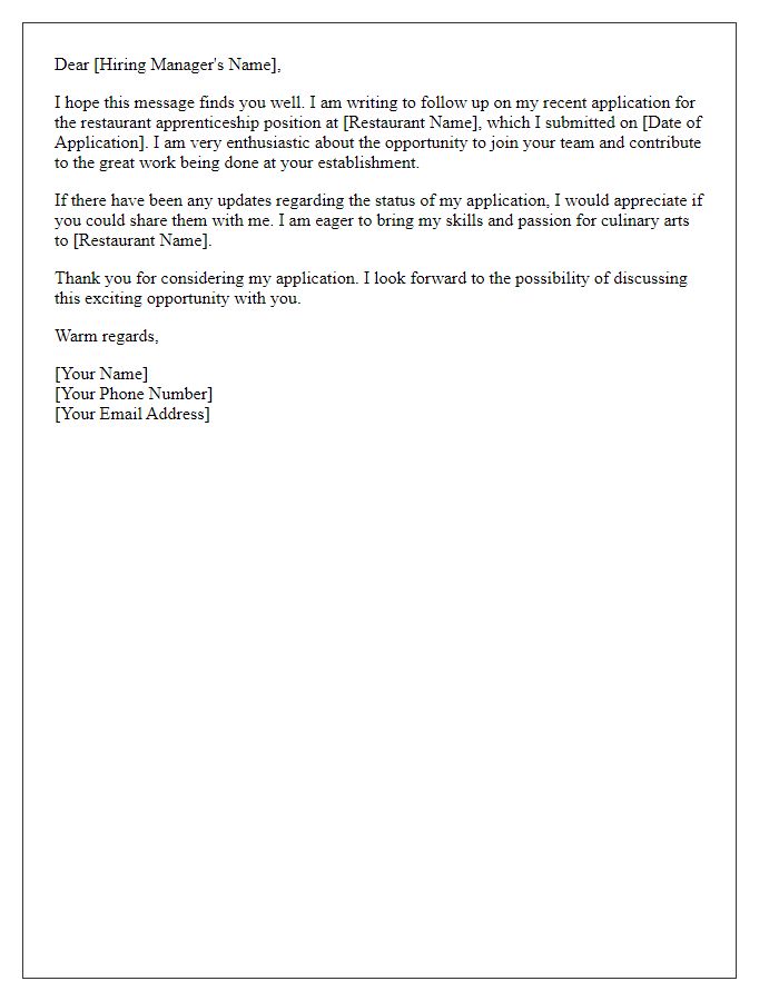 Letter template of follow-up regarding restaurant apprenticeship application