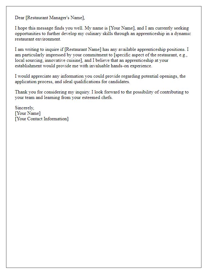 Letter template of inquiry about restaurant apprenticeship positions