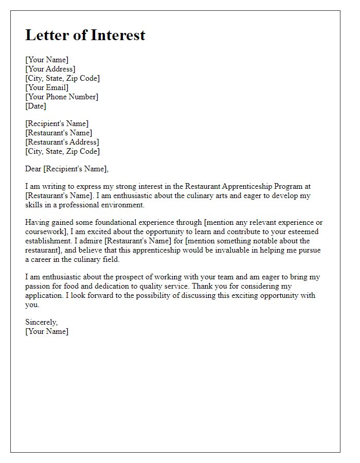 Letter template of interest in restaurant apprenticeship program