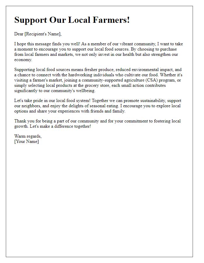 Letter template of encouragement for promoting local food sources.