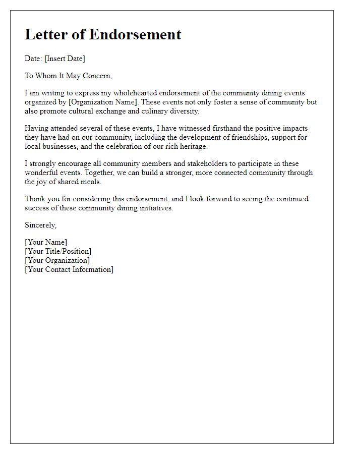 Letter template of endorsement for community dining events.