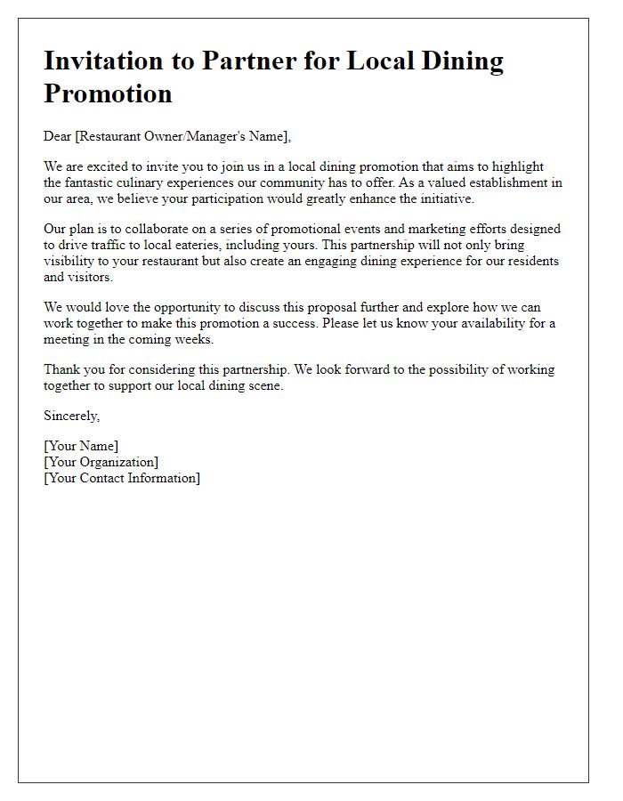 Letter template of invitation for local dining promotion partnerships.