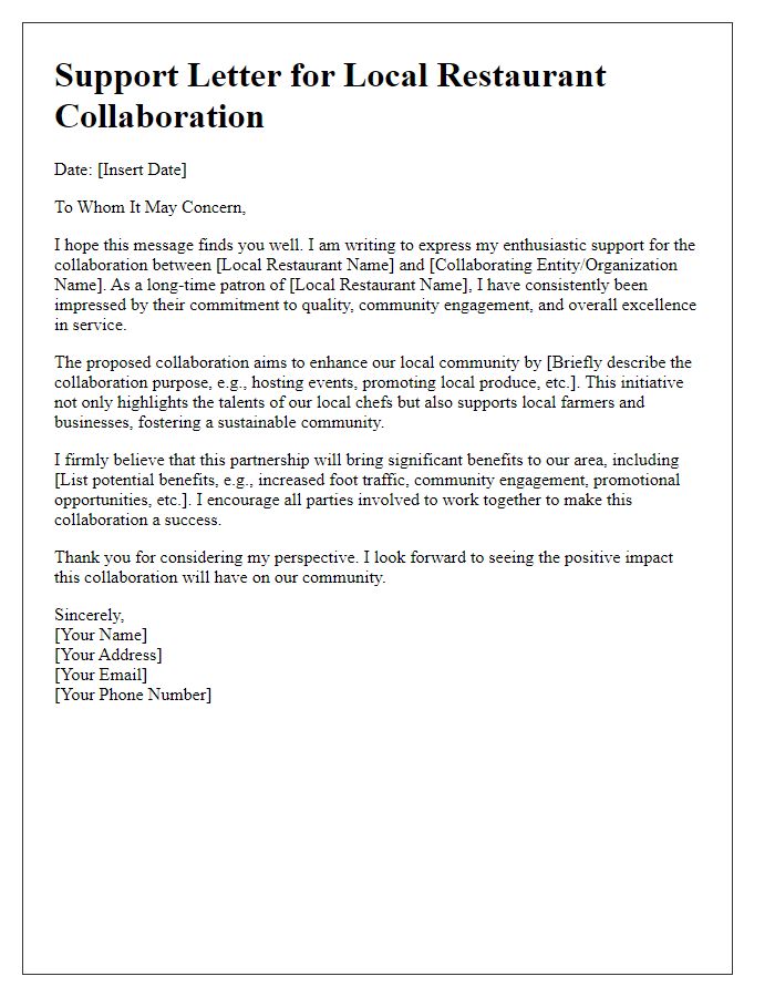 Letter template of support for local restaurant collaboration.