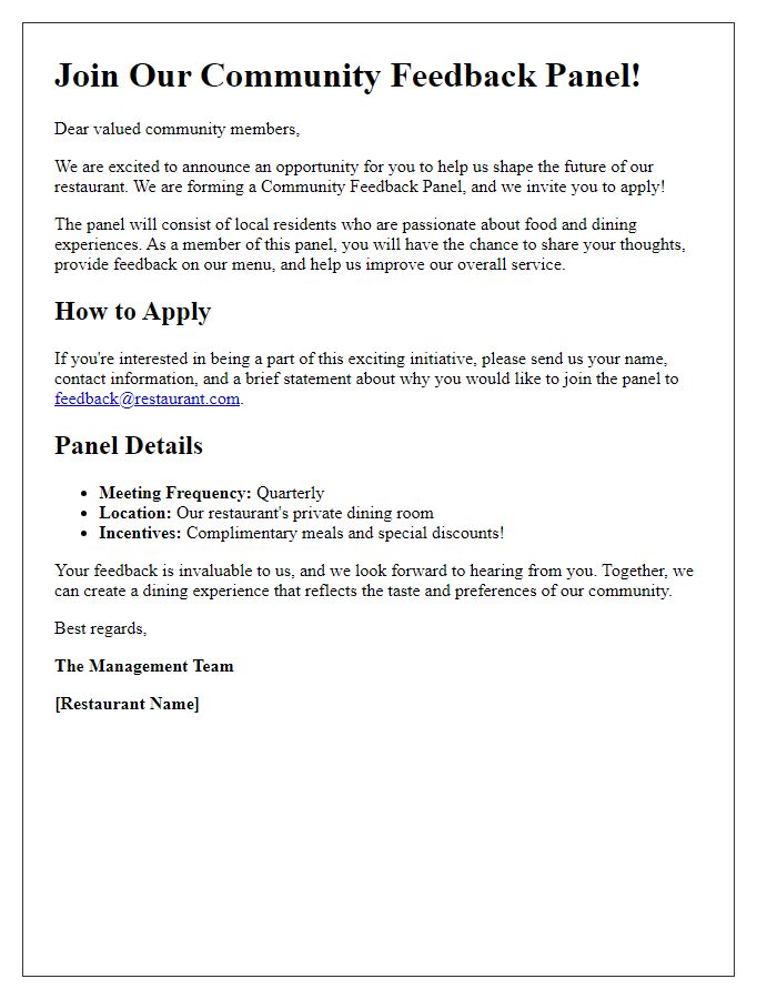 Letter template of announcement for restaurant community feedback panel opportunities