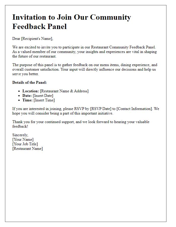 Letter template of call for engagement in restaurant community feedback panel