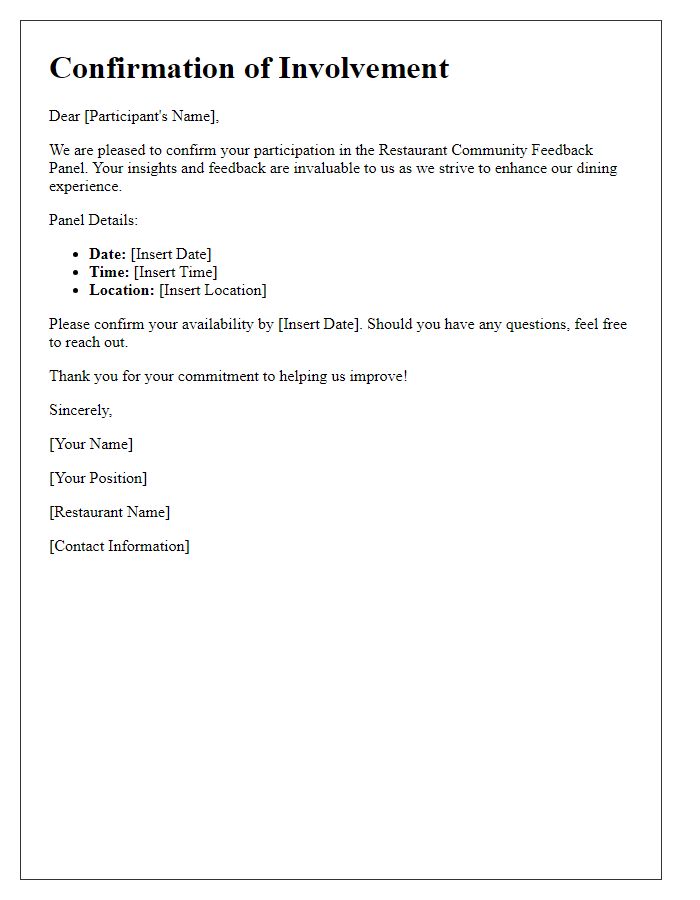 Letter template of confirmation for restaurant community feedback panel involvement