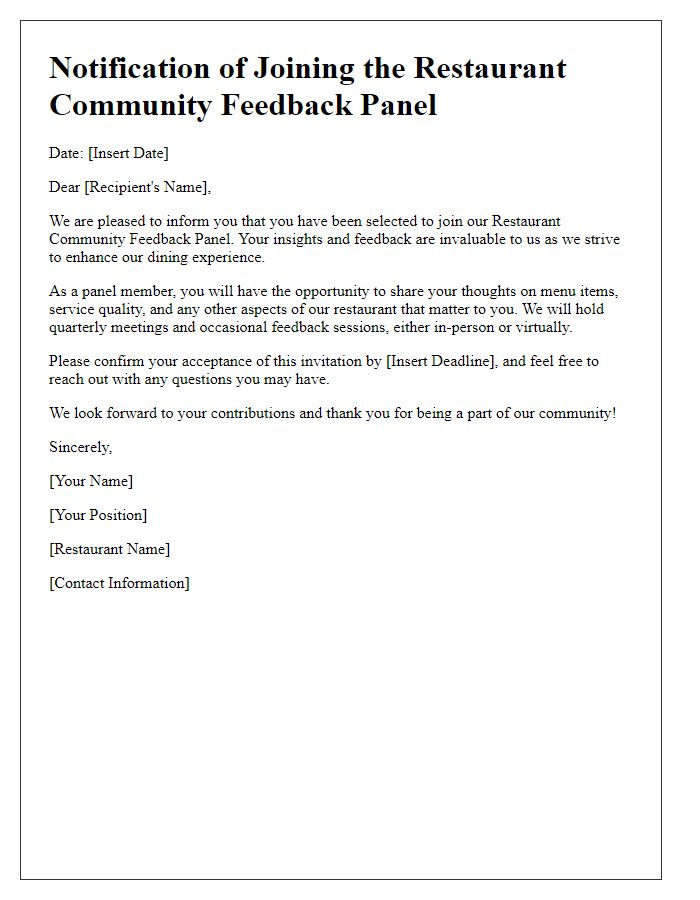 Letter template of notification for joining the restaurant community feedback panel