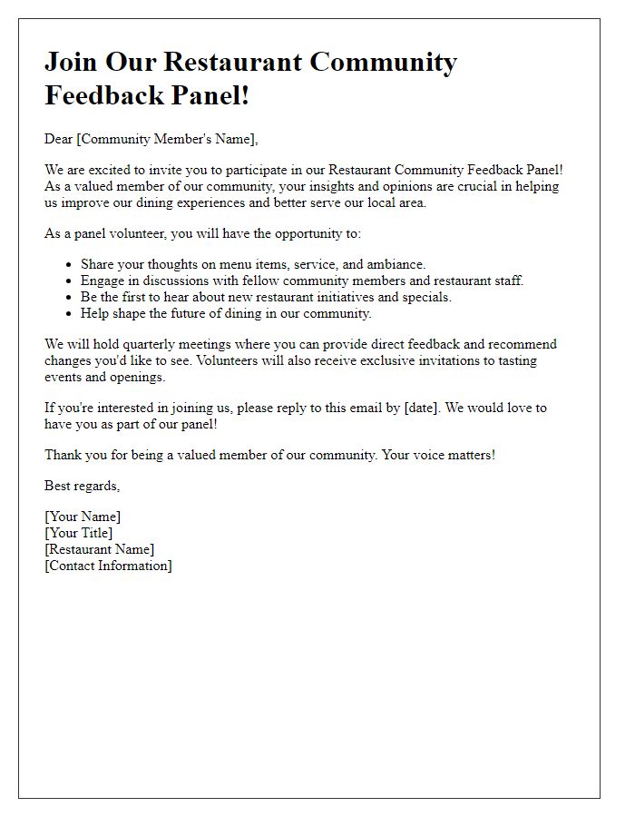 Letter template of outreach for restaurant community feedback panel volunteers