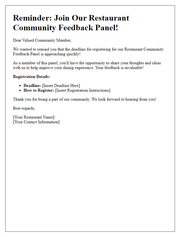 Letter template of reminder for restaurant community feedback panel registration