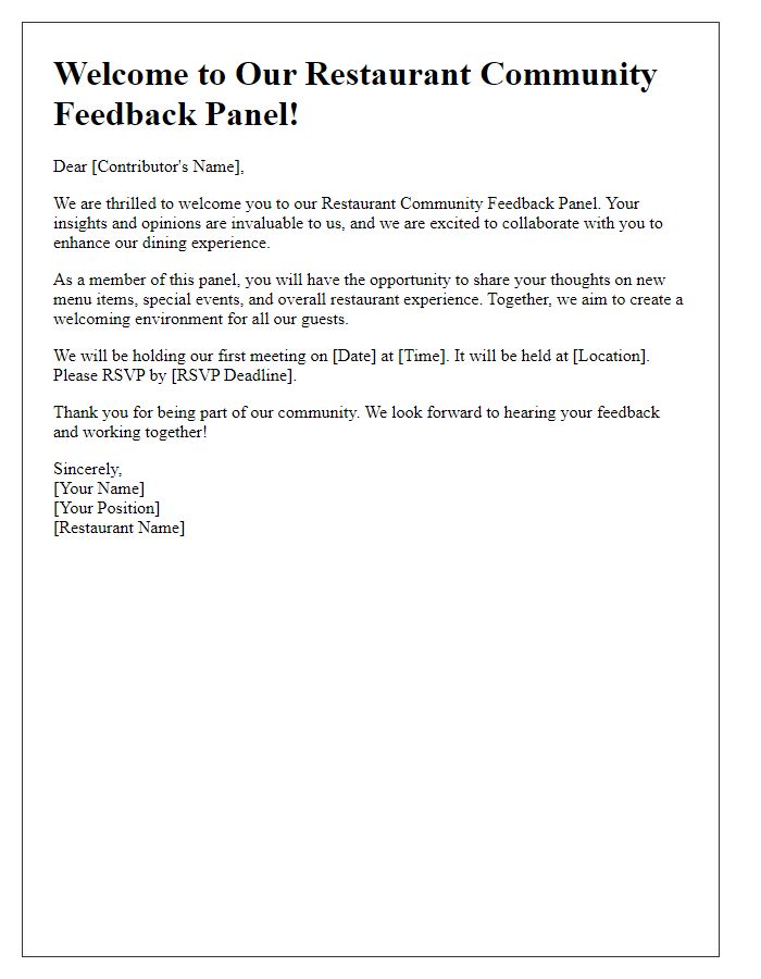 Letter template of welcome for restaurant community feedback panel contributors