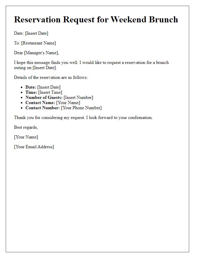 Letter template of fast reservation request for a weekend brunch outing.