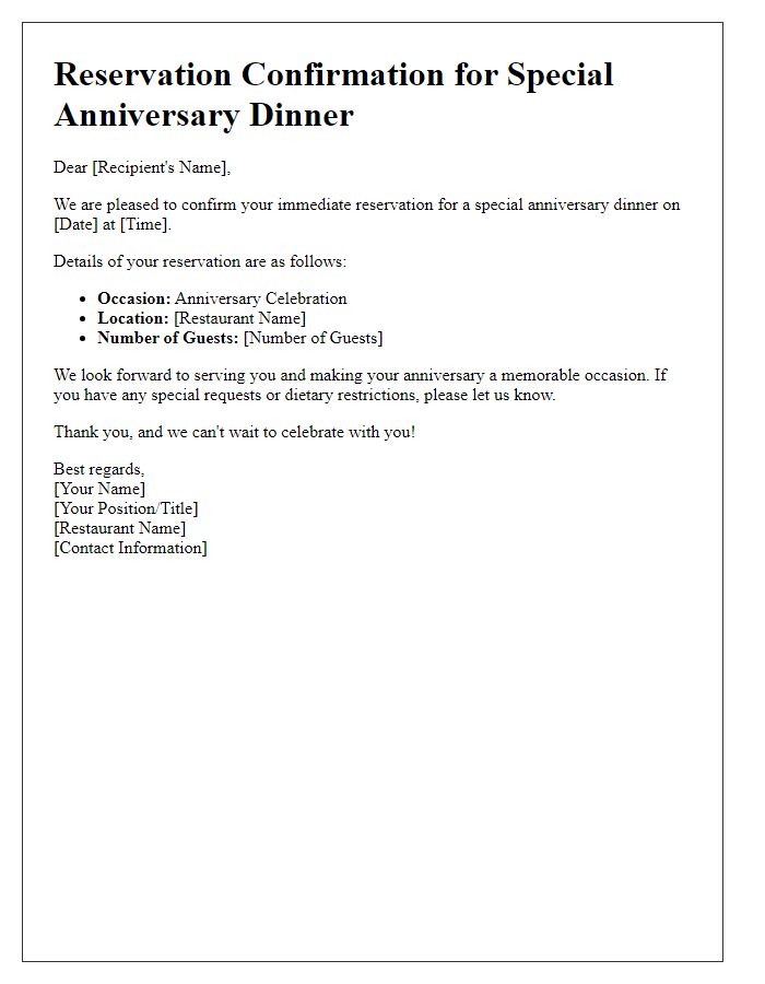 Letter template of immediate reservation for a special anniversary dinner.