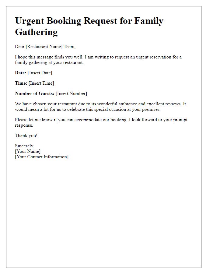 Letter template of urgent booking for a family gathering at the restaurant.