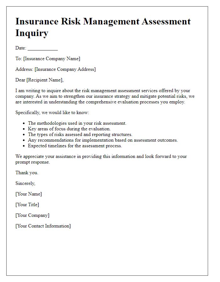 Letter template of insurance risk management assessment inquiry