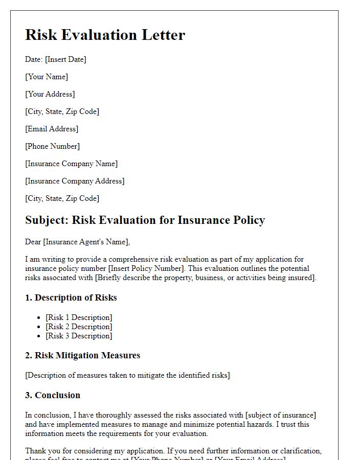 Letter template of risk evaluation for insurance purposes