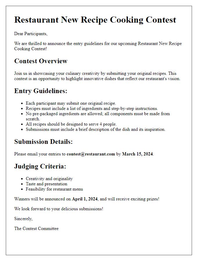 Letter template of entry guidelines for restaurant new recipe cooking contest.