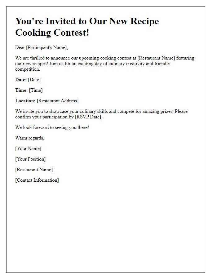 Letter template of invitation for restaurant new recipe cooking contest participation.