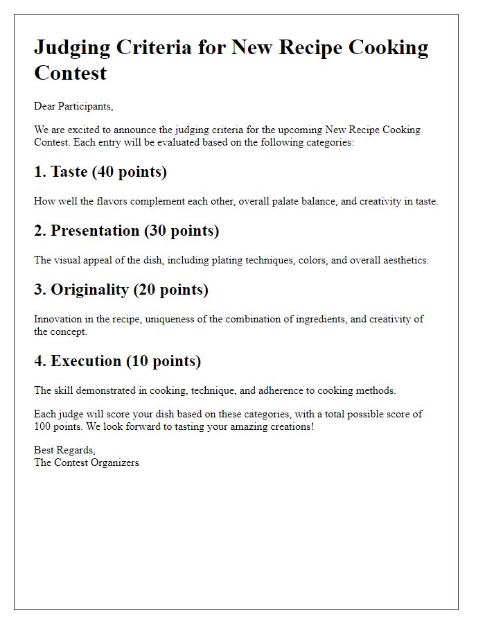 Letter template of judging criteria for restaurant new recipe cooking contest.