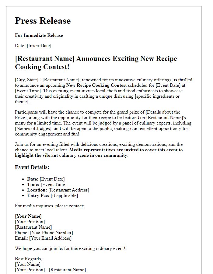 Letter template of media coverage for restaurant new recipe cooking contest event.