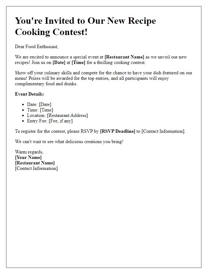 Letter template of promotional invite for restaurant new recipe cooking contest event.