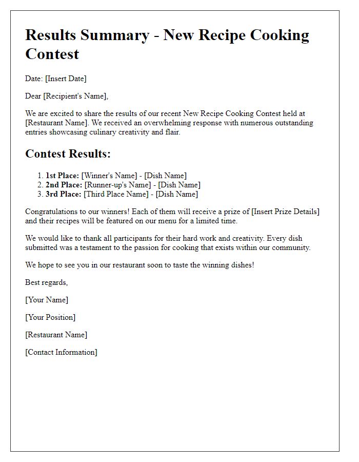 Letter template of results summary for restaurant new recipe cooking contest.