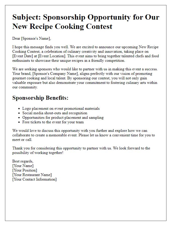 Letter template of sponsorship opportunity for restaurant new recipe cooking contest.