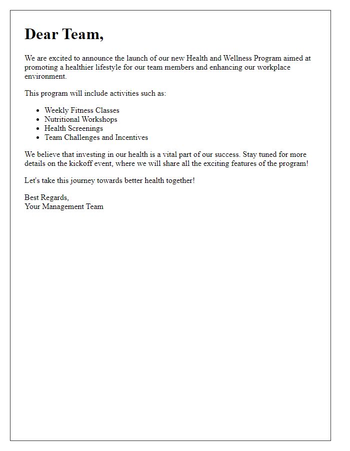 Letter template of health and wellness program launch for restaurant team