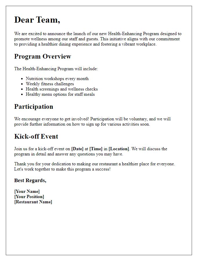 Letter template of health-enhancing program announcement for restaurant team