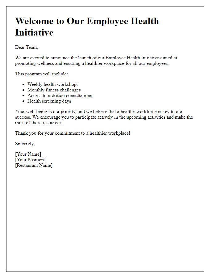 Letter template of restaurant employee health initiative introduction