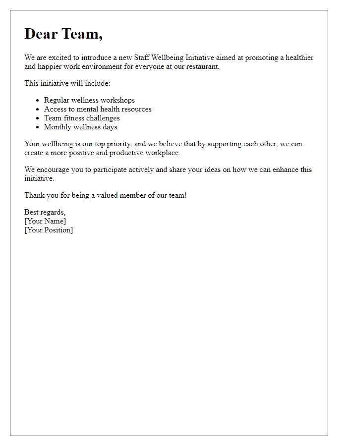 Letter template of restaurant staff wellbeing initiative introduction