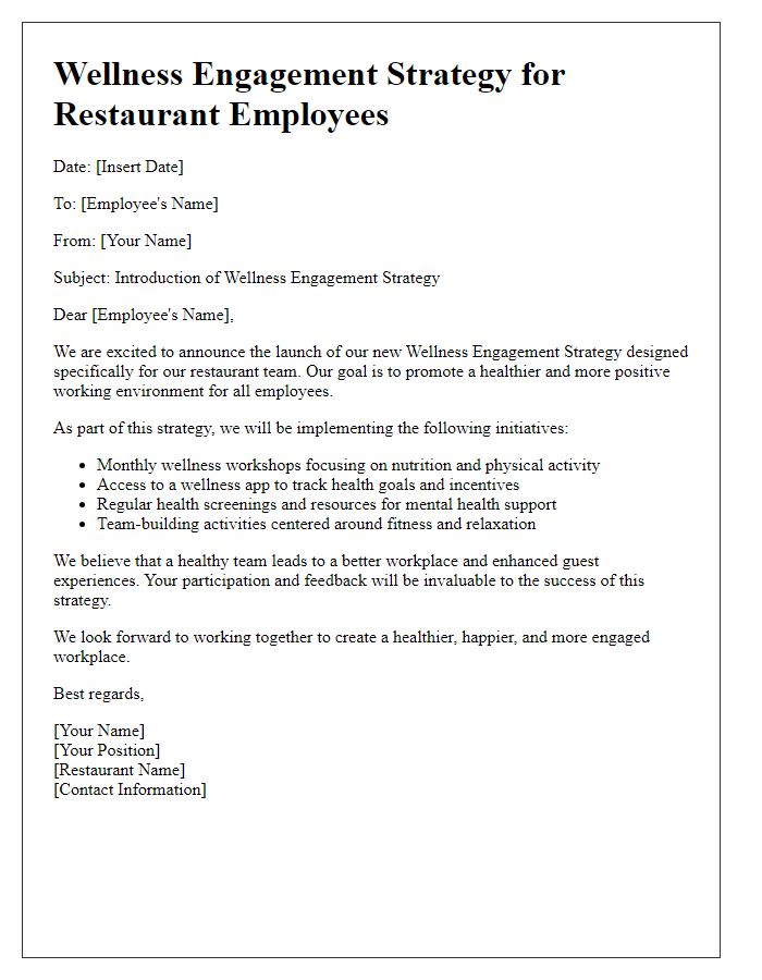 Letter template of wellness engagement strategy for restaurant employees